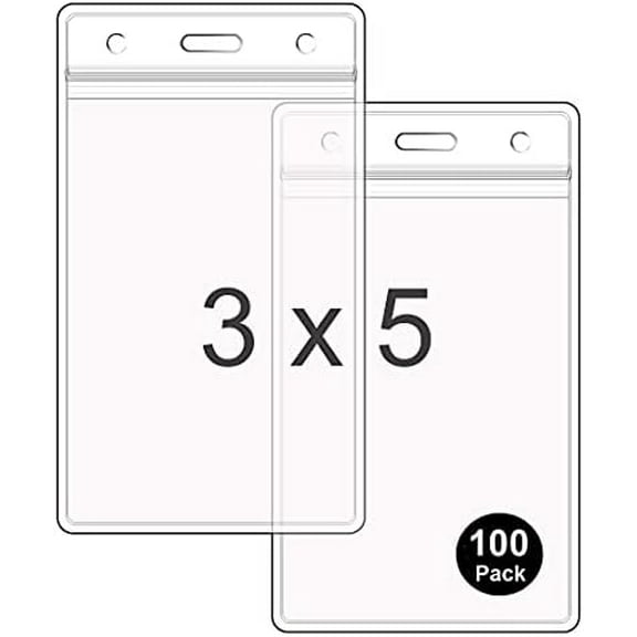 WTQ Large ID Badge Holders (Fit 3"x5" Insert, 100 Pack), Sealable Clear Plastic Name Tag Holders, Vertical Hanging Card Holder with Zipper, Waterproof Vinyl Pouches for Name Badges