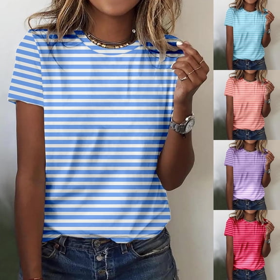 Trendfront Womens Summer Crew Neck Short Sleeve Tops Classic Stripe Pattern Tees Printed Casual Everyday Fashion Wear T-Shirts