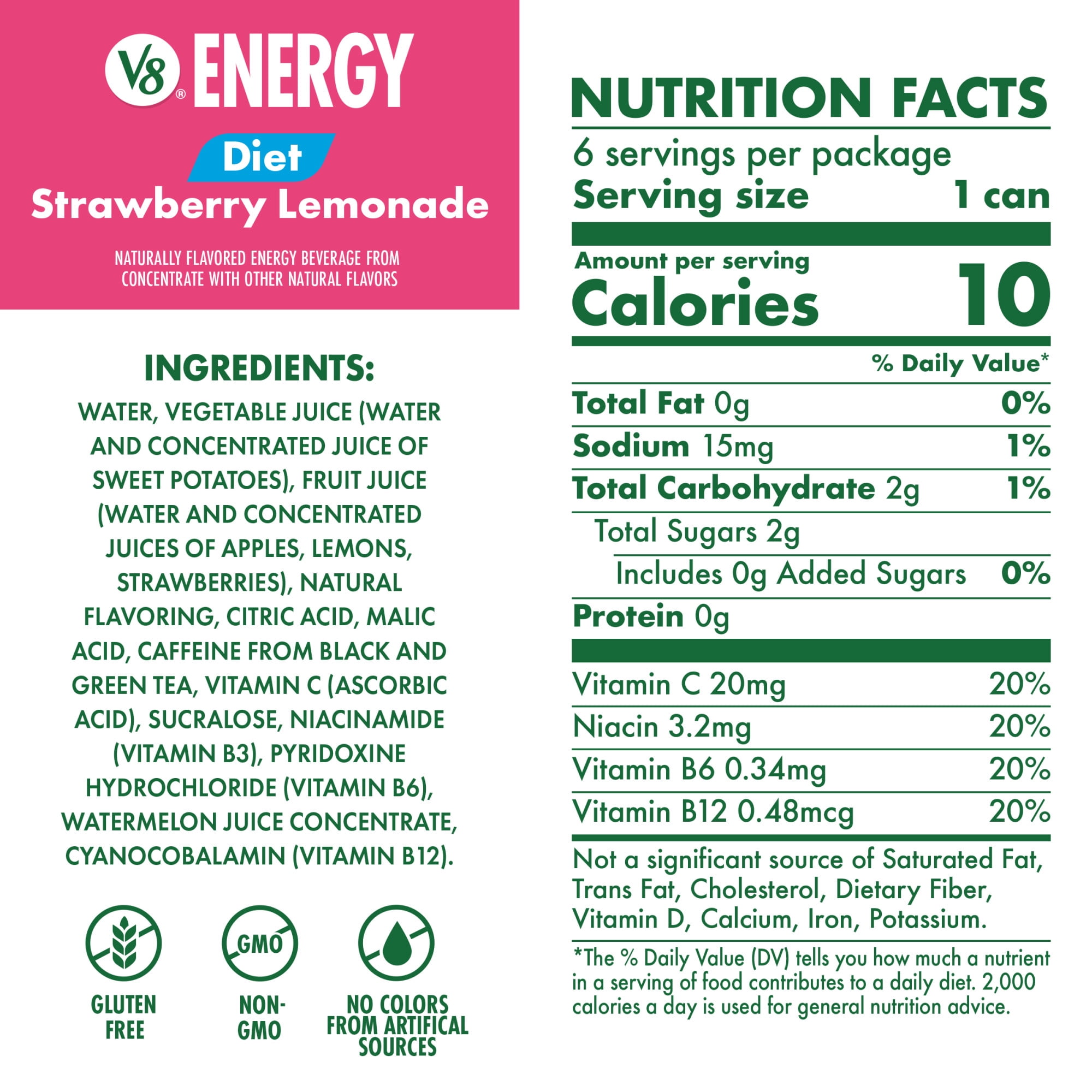 (4 pack) V8 Energy Diet Strawberry Lemonade Juice Energy Drink, 8 fl oz Can (6 Pack)