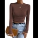 thumbnail image 2 of Tops de Punto Gofre para Mujer, Camisas de Larga, Camisetas Informales Ajustadas con Cuello Redondo, Jerséis Color Café S, 2 of 8