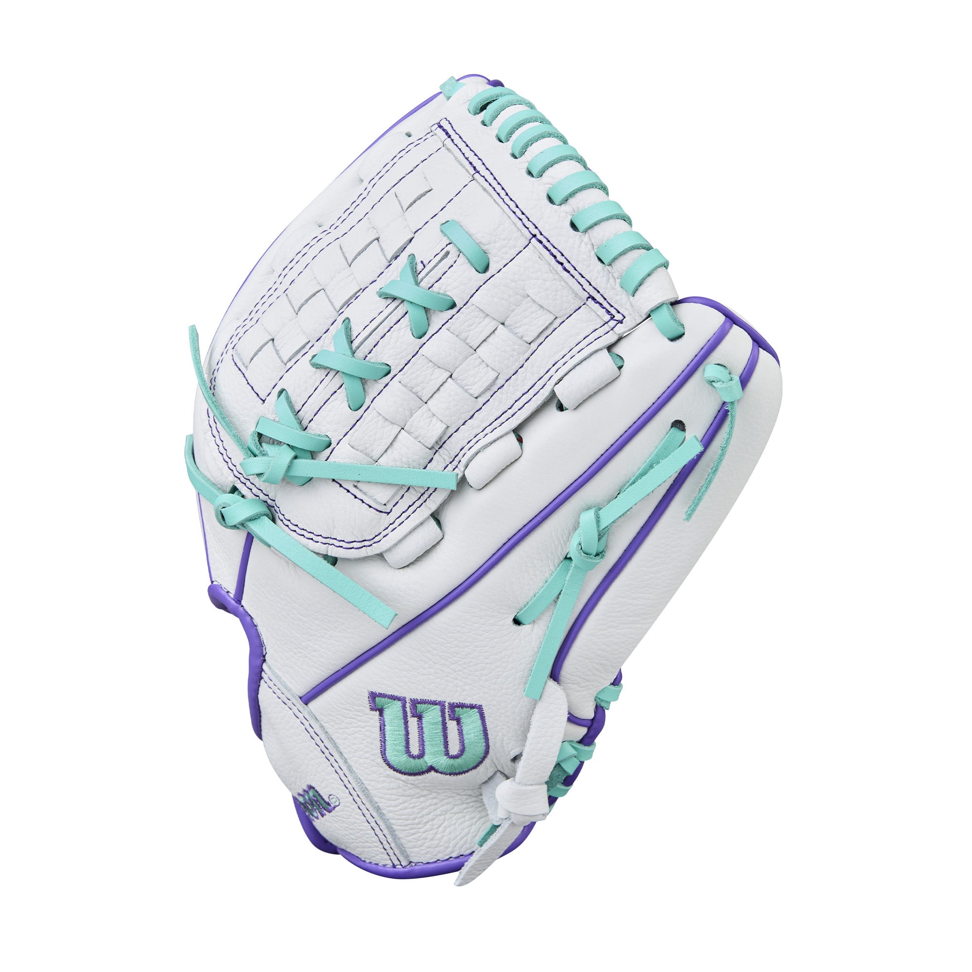 Wilson 2026 A500â„¢ Siren 11.75\" Youth Fastpitch Glove - White/Purple/Teal, Right Hand Throw
