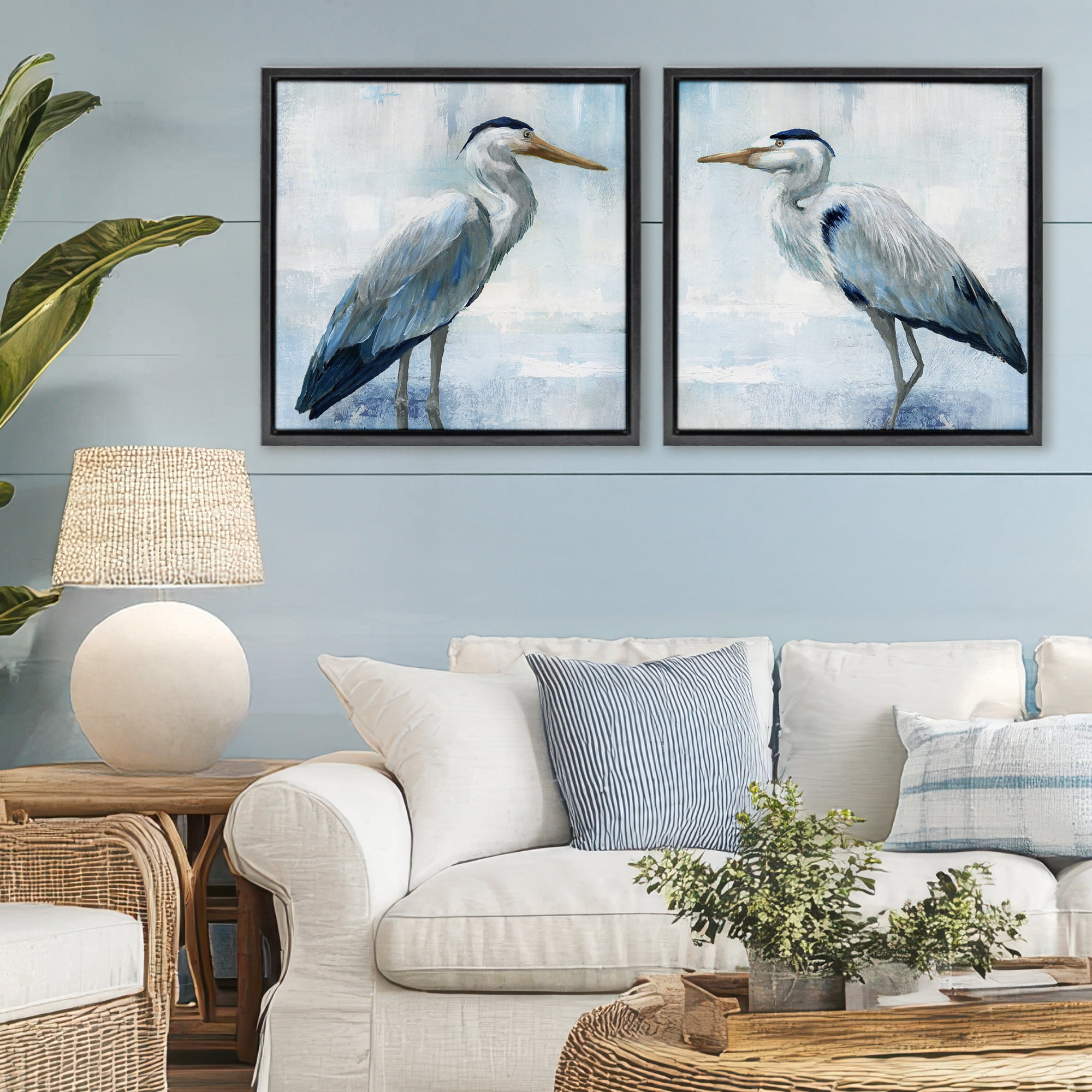 Stupell Industries Faded Blue Coastal Herons 2 Piece Black Framed Floater Canvas Set, design by Nan