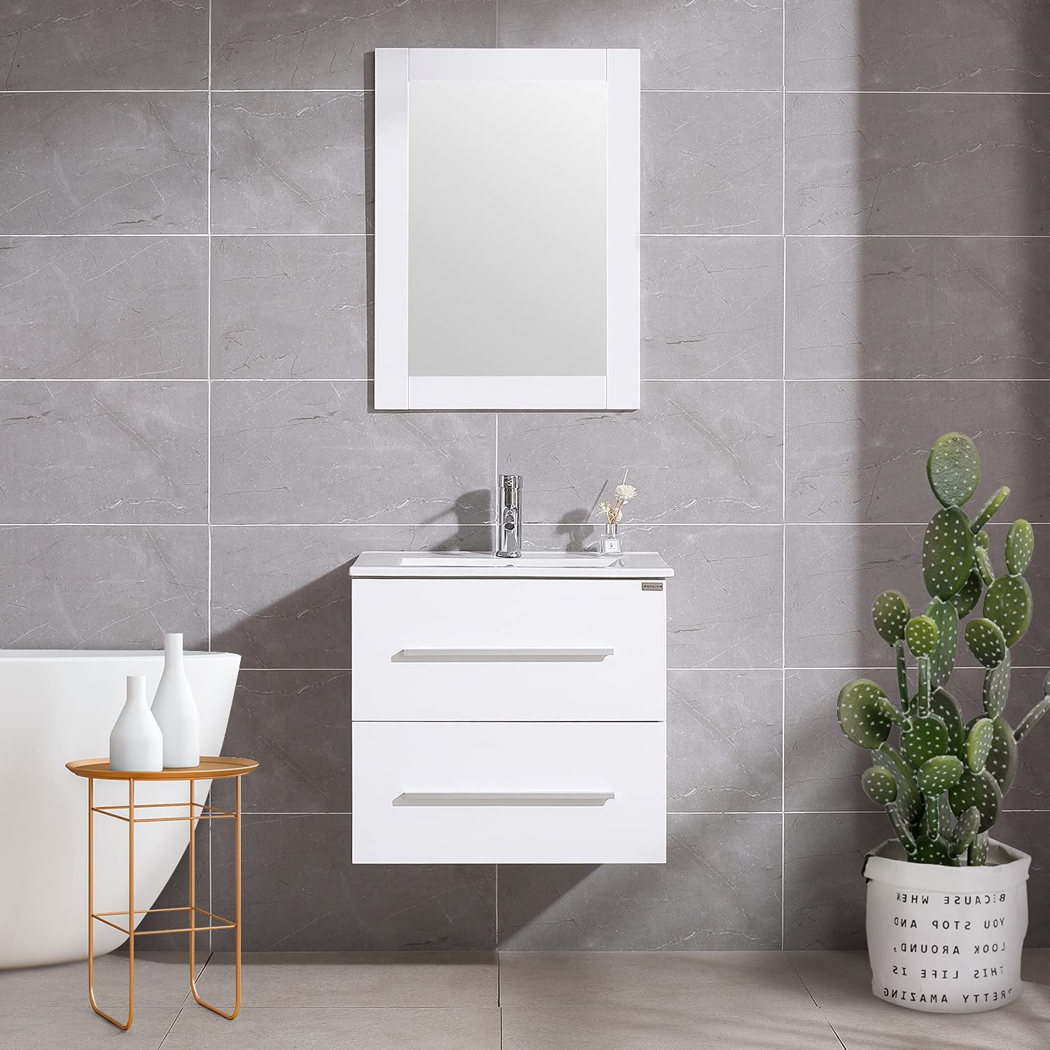 Wonline 24" Wall Mounted Bathroom Vanity with Sink, White Cabinet with ...