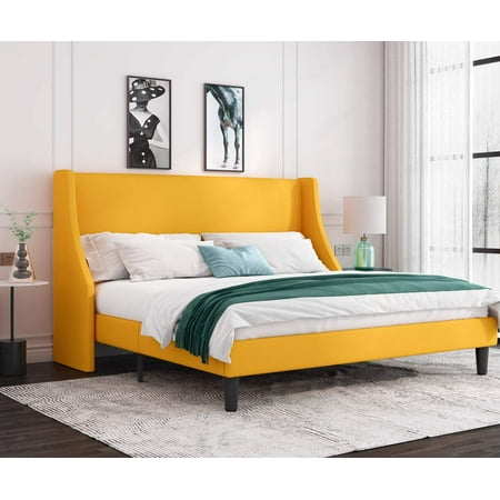 Allewie King Size Fabric Upholstered Platform Bed Frame with Wingback Headboard  Light Yellow