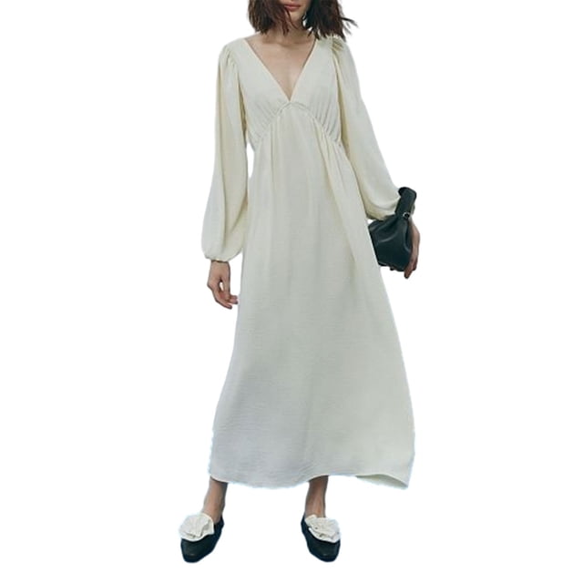 xiaxaixu Femmes Robe Longue Couleur Unie V-Cou Robe à Manches Longues Printemps Automne Tie-Up Backless Soirée de Fête Robe