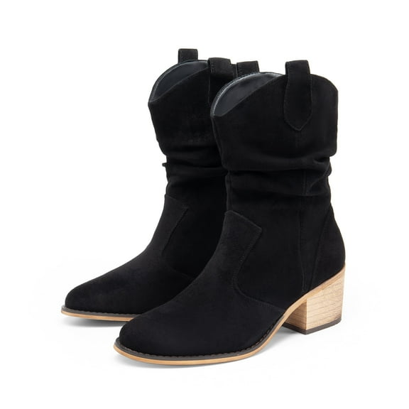 BURUDANI Women's Cowgirl Boots Mid Calf Western Cowboy Boots Round toe Chunky Heel Ankle Boots Black-Suede Size6.5