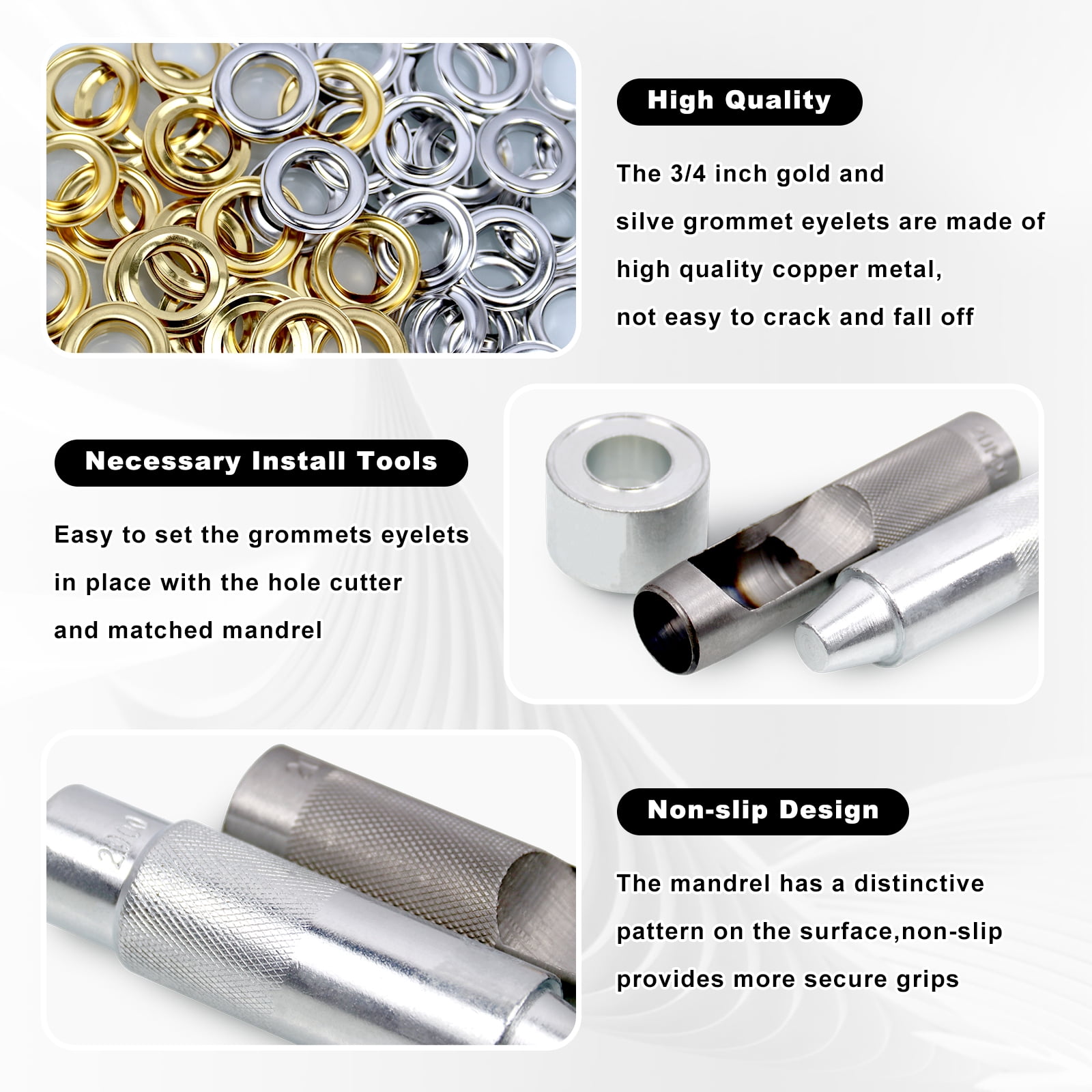 RULLINE 50 Sets 3/4" Grommet Tool Kit, Grommet Setting Tool Copper Grommets Eyelets, 2 Colors,with 3 Pcs Install Tool