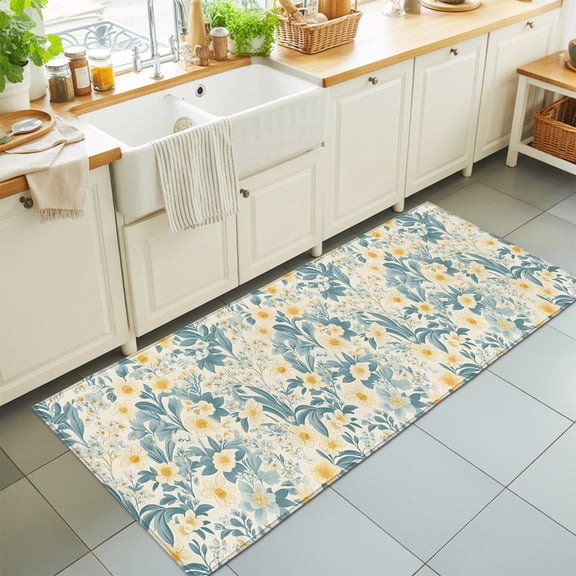 Hallway Runner Rug 2'x6', Spring Meadow Blooms Kitchen Runner Rugs Non-Slip Carpet Mats, Teal Yellow Botanical Bedside Rugs Runners Washable Floor Carpet for Bathroom Laundry Room