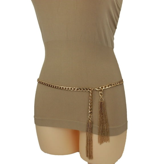 Women Belt Gold Metal Chain Links Hip Waist Narrow Waistband Tassel