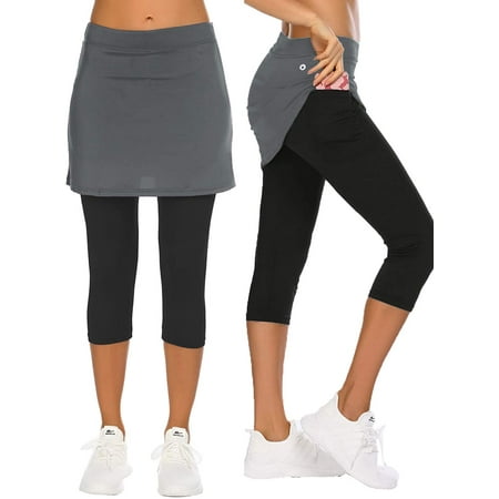 Skirt with Leggings Stretch Capri Leggings Soft Yoga Running Skirts with  Attach Croped Pants Skorts with Pocktes 