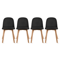 Set of 4 Armless Plastic Dining Chair Wood Legs for Dining Room Plastic Molded Seat With Cushion, Black