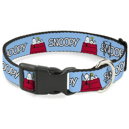 Peanuts Worldwide LLC Pet Collar, Dog Collar Plastic Buckle, Peanuts Snoopy and Woodstock Dog House Pose and Text Sky Blue, 7 to 8.5 Inches 0.5 Inch Wide