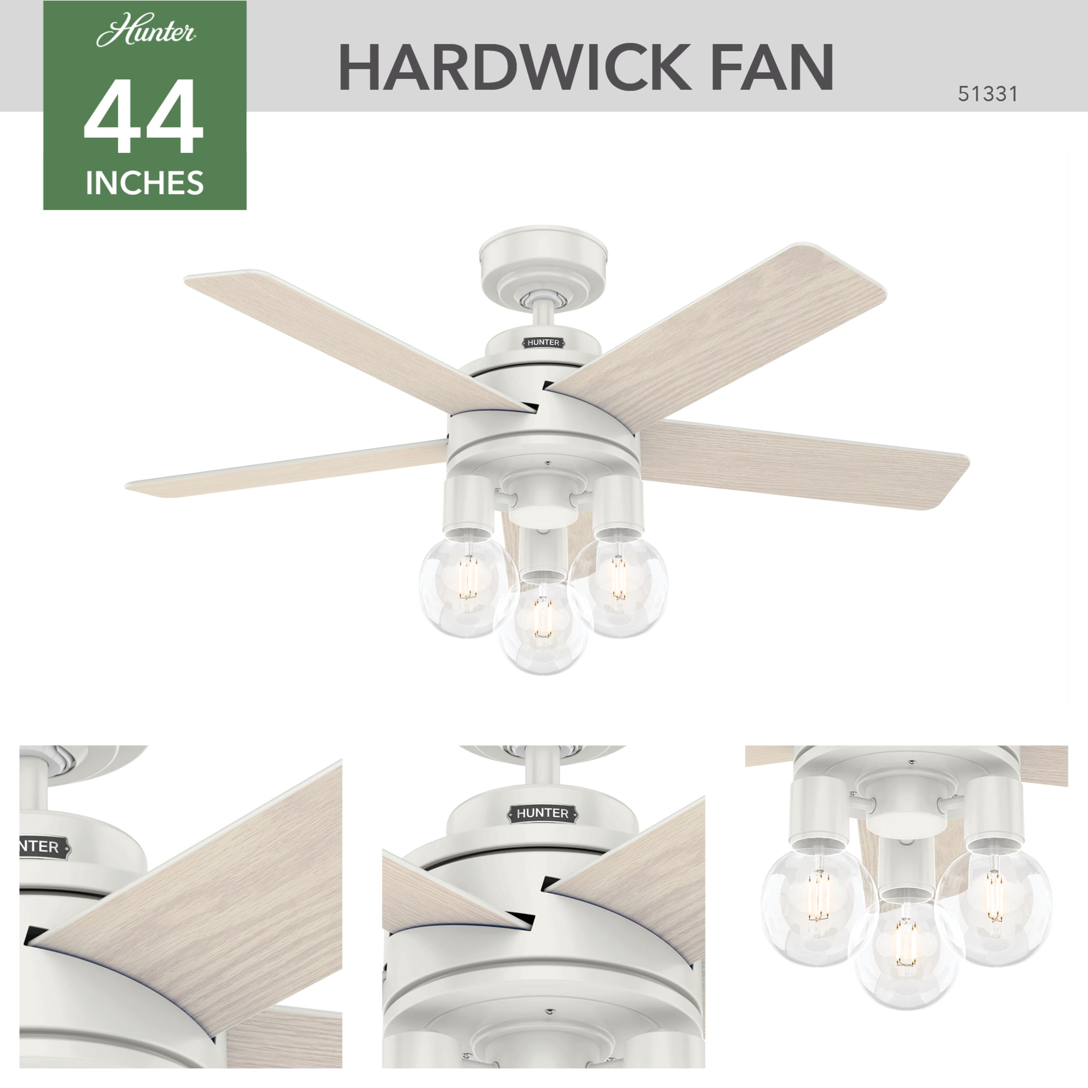 Hunter - Hardwick Indoor Ceiling Fan With Light, Remote, 44-inch, Fresh White, Casual-style, 4-speed WhisperWind Motor, 51331, for Living Rooms, Bedrooms