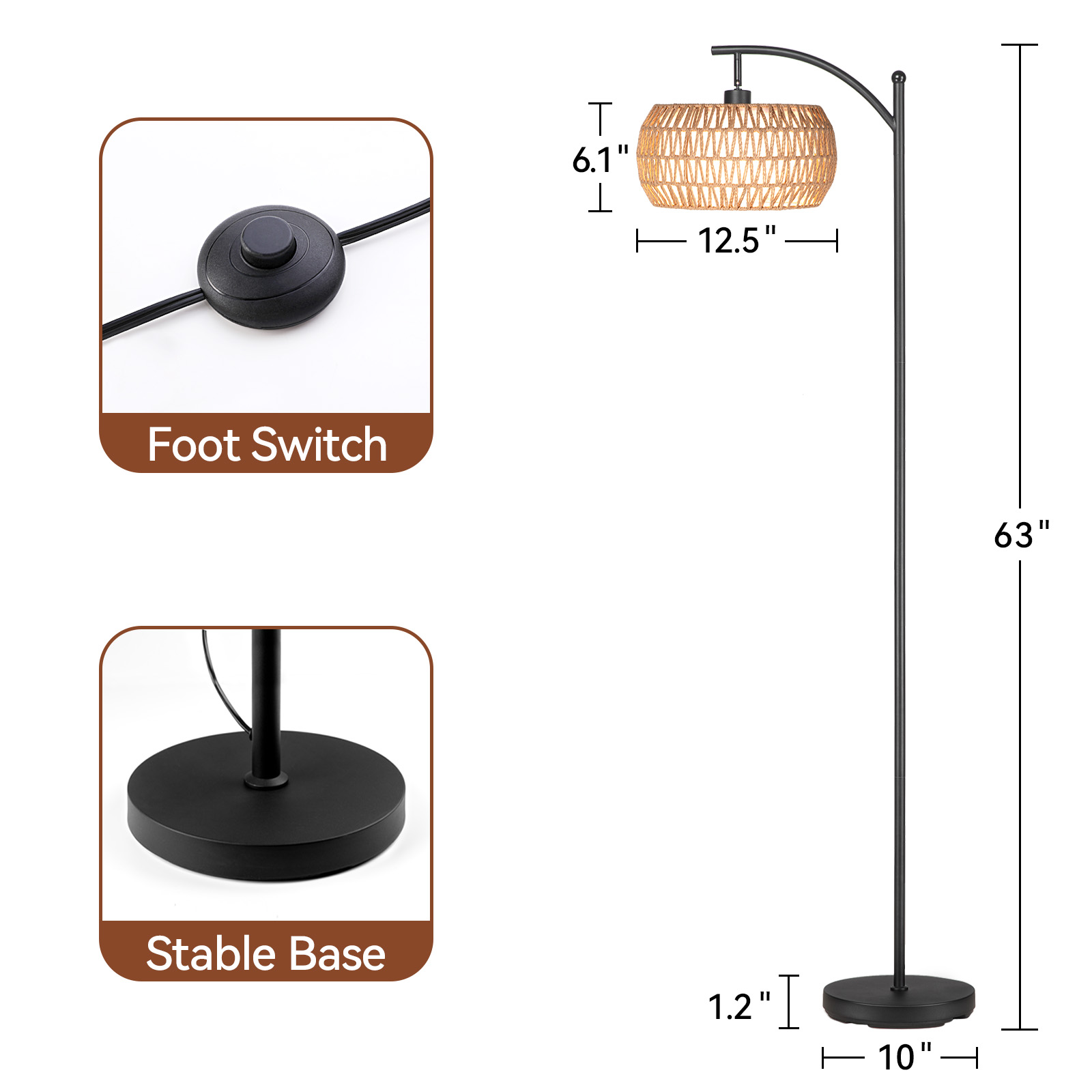 Sunmory 63" Dimmable Arc Floor Lamp with Rattan Shade photo 5