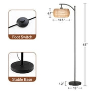 SUNMORY 63'' Dimmable Arc Rattan Floor Lamp, Black Standing Lamp with Rattan & Fabric Double Drum Shade, Boho Farmhouse Tall Lamp for Living Room, Lamps for Bedroom