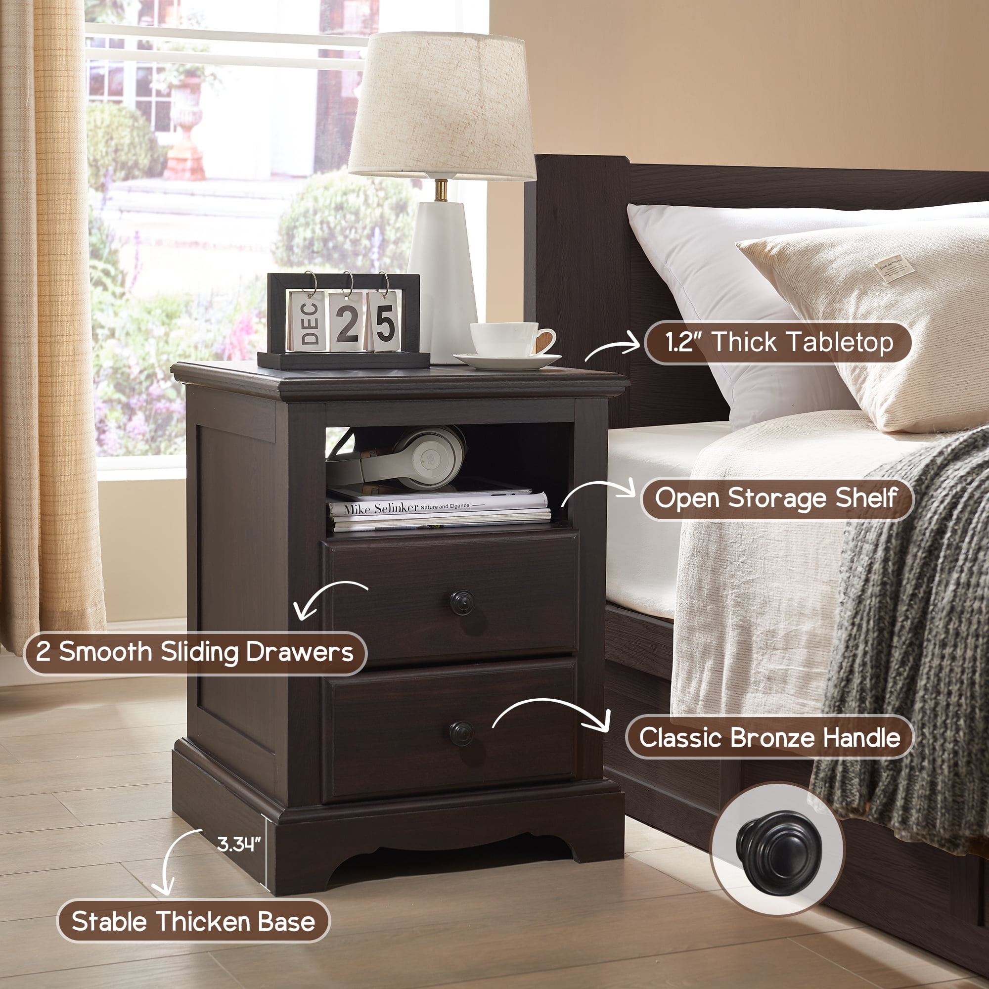 OKD Nightstand Set of 2 with Charging Station, Rustic End Table with 2 Drawers Farmhouse Side Table with 3-tier Storage Space Bedside Cabinet for Bedroom Living Room, Espresso