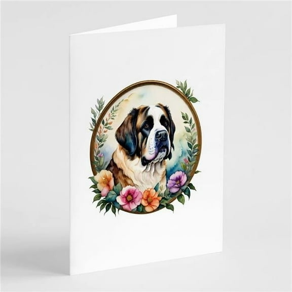 Saint Bernard and Flowers Greeting Cards and Envelopes Pack of 8 7 in x 5 in