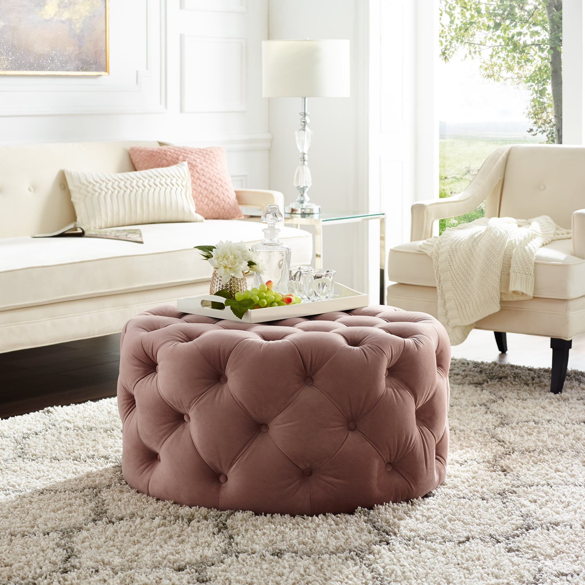 Niles Blush Velvet Ottoman Tufted Allover Castered Legs