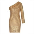 thumbnail image 4 of Oplxuo One Shoulder Sequins Dress for Women Elegant Ruched Skew Long Sleeve Cocktail Party Evening Dresses, 4 of 5