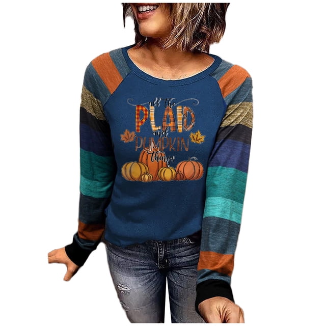 Sudaderas de Acción de Gracias Para Mujer Otoño Invierno Costura A Rayas Estampado Bloque de Color Cuello Redondo Entrenamiento Manga Larga Tops Pulóver Odeerbi ODB203918