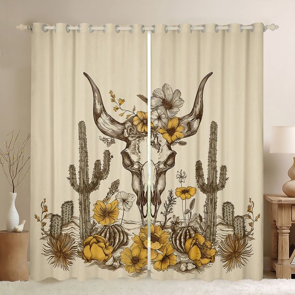 Homewish Rustic Null Skull Curtains Pack of 2 (42x84 Each),Country Western Cowboy Curtains Blackout,Tropical Desert Cactus Bedroom Curtains For Girls Kids,Microfiber Bedroom Decor