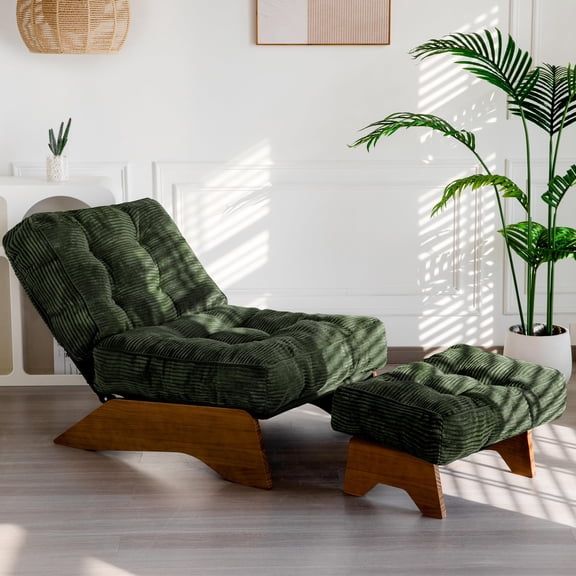 Corded-Green Tufted Reclining Accent Chair with Ottoman, Modern Lounge Set