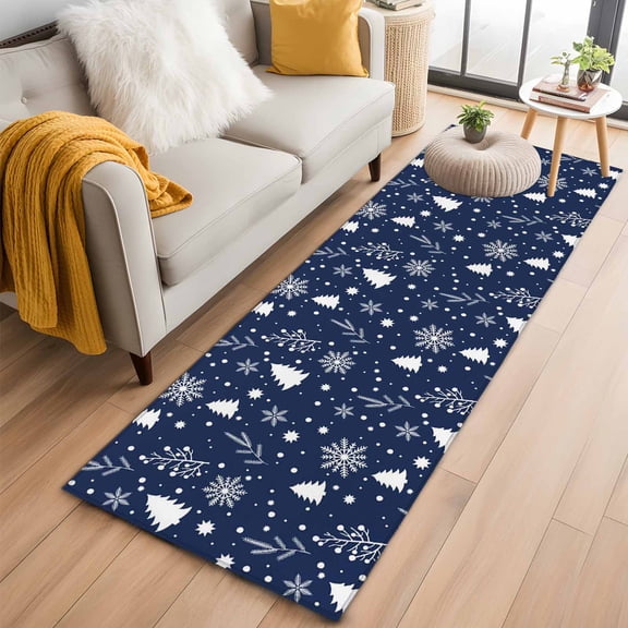 Navy Blue Christmas Kitchen Runner Rug 2x6 Washable Runners for Hallway Non Slip Xmas Trees Snowflake Winter Botanical Large Area Rug Indoor Floor Carpet for Bathroom Laundry Entryway Bedroom