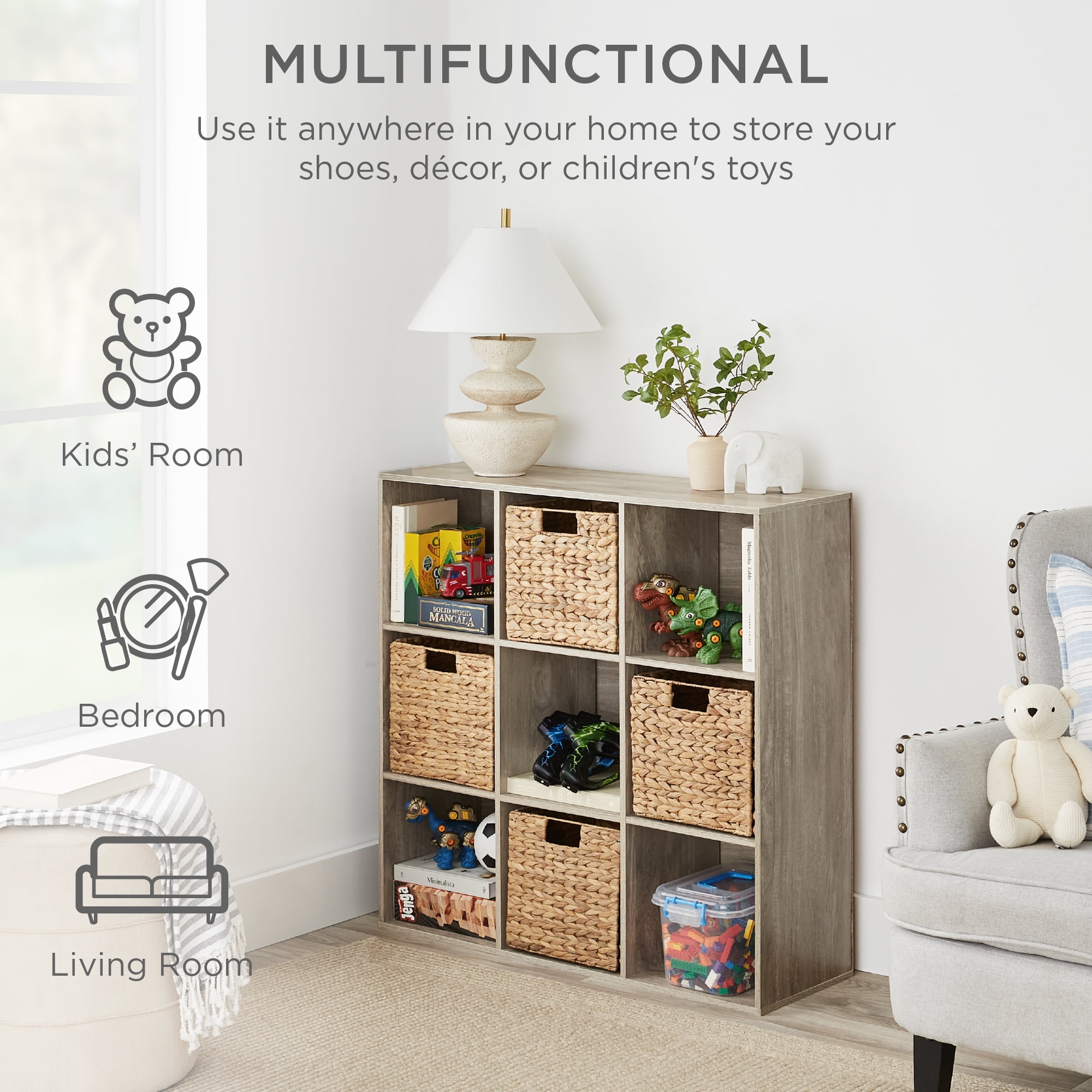 Best Choice Products 9-Cube Bookshelf, 13.5in Display Storage System, Organizer w/ Removable Back Panels - Greige