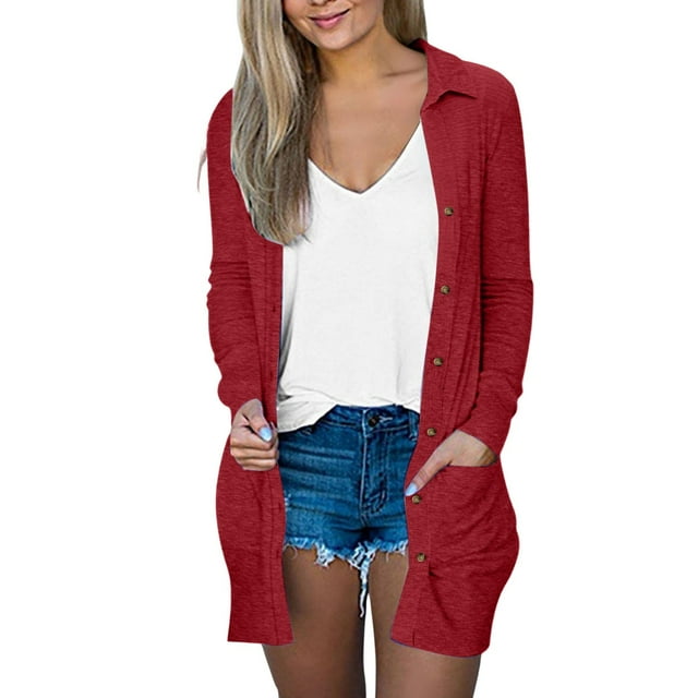 Baberdicy Red Women's Fashionable And Casual Solid Color Button Tie Pocket Cardigan Jacket, S