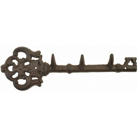 - Cast Iron Wall Hook Rack - Antique Skeleton Key Style - 3 Hooks - 11.625