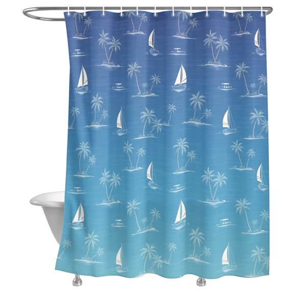 White Sailboat Shower Curtain, Nautical Coastal Minimalist Palm Tree Blue Lightweight Waterproof Fabric Shower Curtain with Rustproof Grommets for Bathroom Bathtub 36x78in