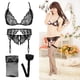thumbnail image 5 of Conjunto de lencería de encaje para mujer, 4 Uds., sujetador abierto con tirantes, bragas sexis con liga, conjunto de sujetador de realce, ropa interior erótica transparente, medias de red, 5 of 5
