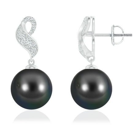 10mm Black Tahitian Pearl Earring - June Birthstone Earrings - Tahitian Cultured Pearl and Diamond Swirl Earrings in 14K White Gold (10mm Tahitian Cultured Pearl)- SE1309THPRD-WG-AA-10