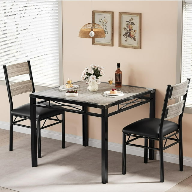 BeesClover Dining Table Set for 2, Kitchen Table with 2 Upholstered Chairs, Wood 3-Piece Kitchen Dining Room Set with Corner Protector for Small Space, Apartment