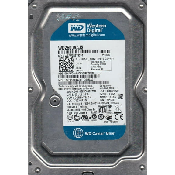 WD2500AAJS-75M0A0, DCM DGNNNT2AGN, Western Digital 250GB SATA 3.5 Hard Drive