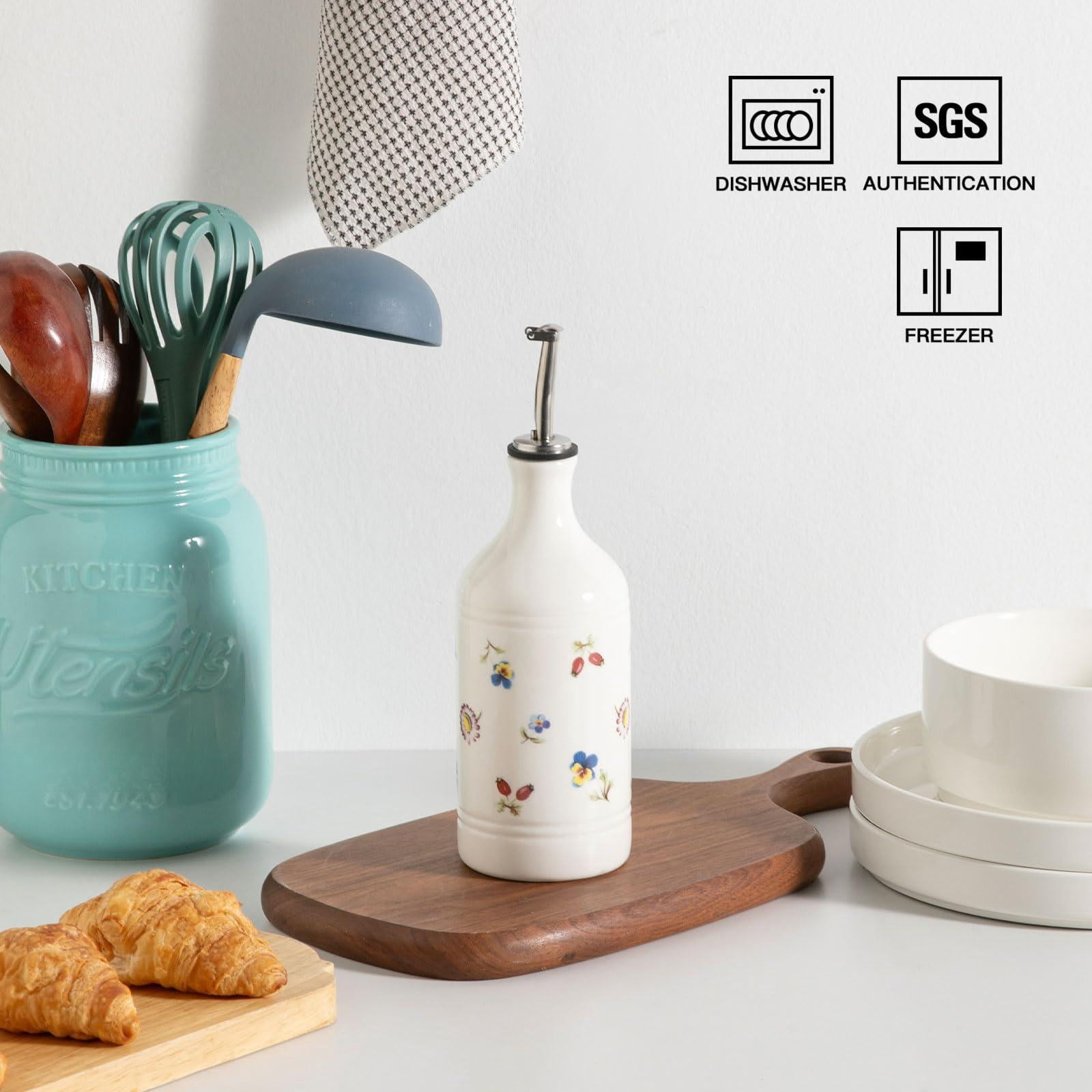 Ceramic Olive Oil Dispenser Bottle For Kitchen  15.5 Oz Opaque And Vinegar With Spout Suitable Soy Sauce Coffee Syrup Liquids (garden)