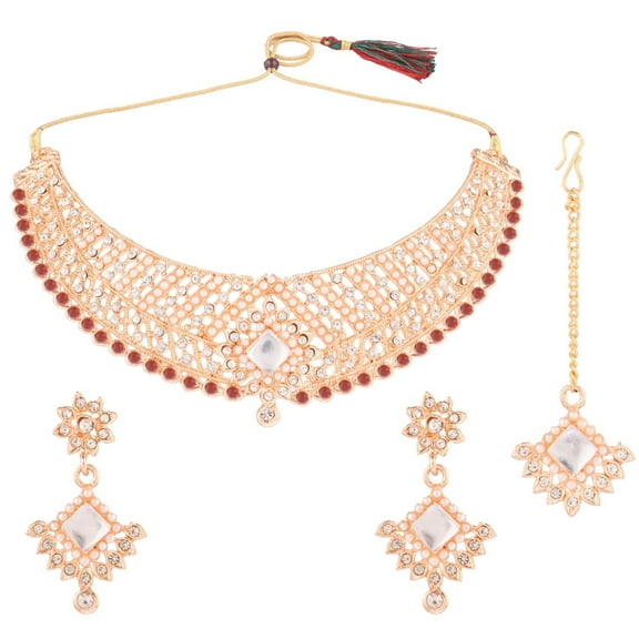 Efulgenz Indian Jewelry Set Traditional Antique Simulated Color Stone Tear Drop Shape Faux Pearl Drop Bridal Choker Necklace Earrings Wedding Jewelry Set for Women