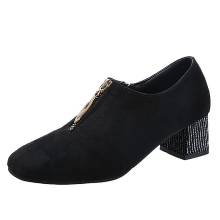 

Youmylove Fashion Women Flock Zipper Round Toe Square Heels Shallow Mouth Single Shoes Boots Cozy Comfy Footwear