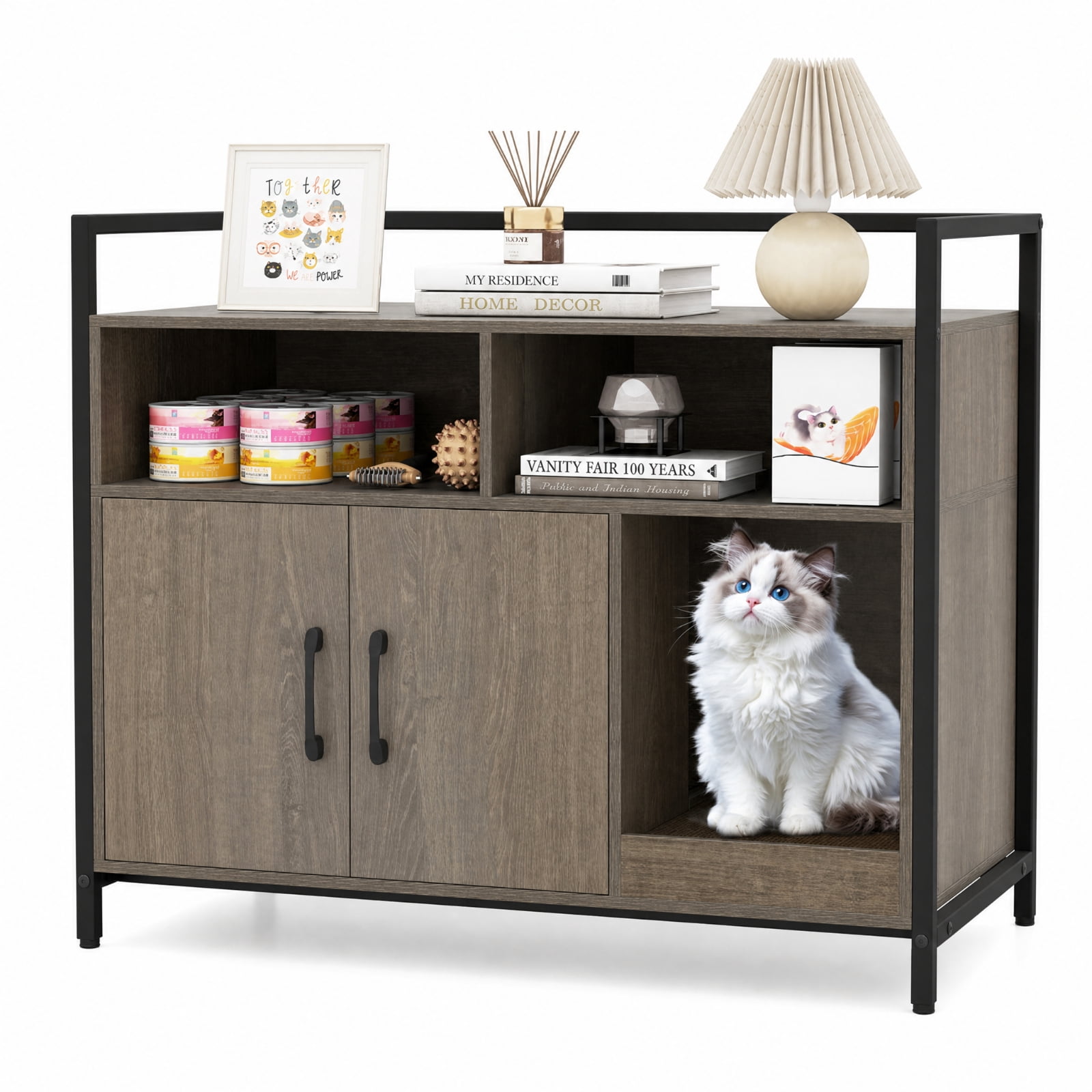 SUGIFT Hidden Cat Litter Box Enclosure, Wooden Cat Washroom Furniture with Double Doors, End Side Table Cat House Cabinet, Oak