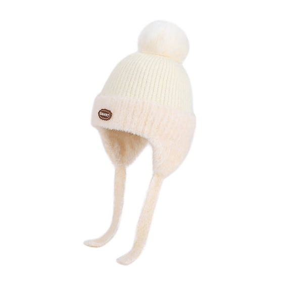 Staki Toddler Baby Boy Winter Beanie Hat Infant Kids Warm Fleece Lined Earflap Knit Fur Pom Pom Hat Snow Cap(White,4-10 Years)