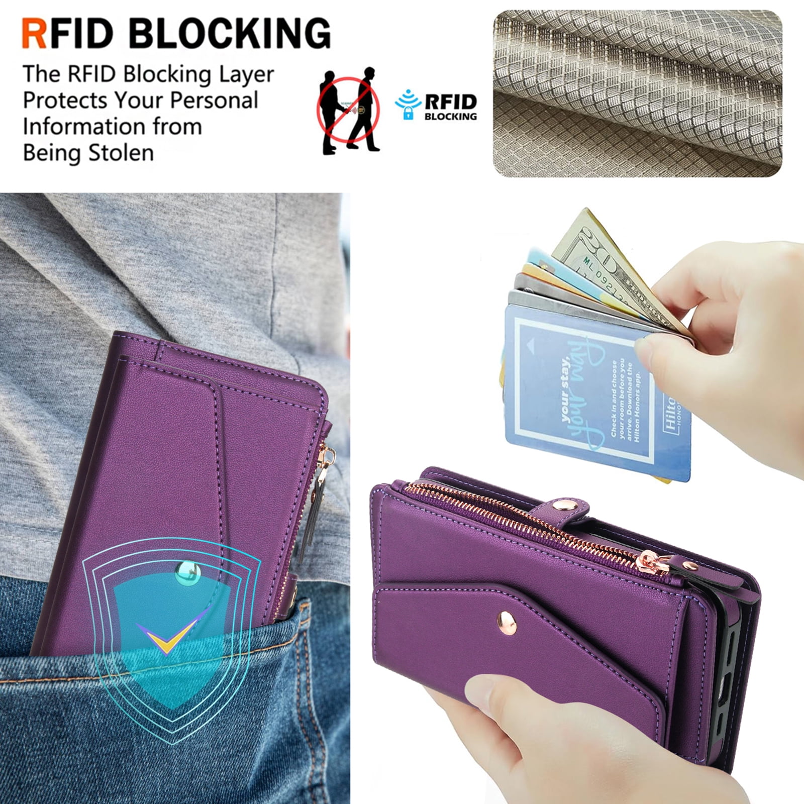 Dteck Crossbody Wallet for iPhone 14 Pro with Detachable Magnetic Phone Case, Compatible with MagSafe, RFID Blocking PU Leather Flip Cover Wrist Strap Zipper Card Holder Slots,Purple