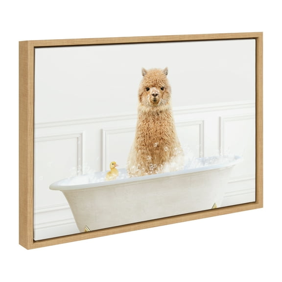 Kate and Laurel Sylvie Alpaca In Bubble Bath Neutral Style Framed Canvas Wall Art by Amy Peterson Art Studio, 18x24 Natural, Modern Animal Art Wall Décor