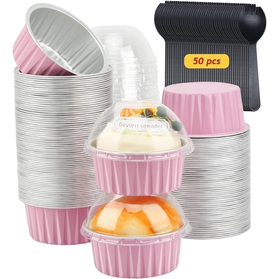 Jumbo Muffin Liners with Lids 50 Pack, 5oz Aluminum Foil Cupcake Cups Muffin Tins,Disposable Ramekins Cupcake Baking Pans Cupcake Holders for Custard Mini Pie -Pink