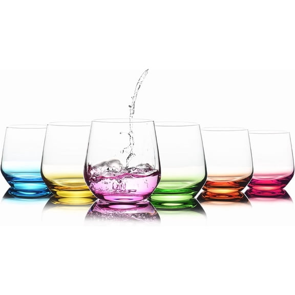 Stemless Wine Glasses Set of 6 - Hand Blown Colored Short Wine Tumblers - 15 oz Elegant Sparkling Wine Glass - Unique Gift for Birthday,Wedding, Mother’s Day