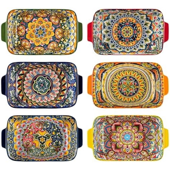 Porcelain Rectangular Bowls with Handle - 20 oz Ceramic Pasta Bowls Set of 6, Colorful Bohemian Style Serving Dishes for Salad, Risotto, Oven,Microwave & Dishwasher Safe$$Home Decor, Kitchen, & Other