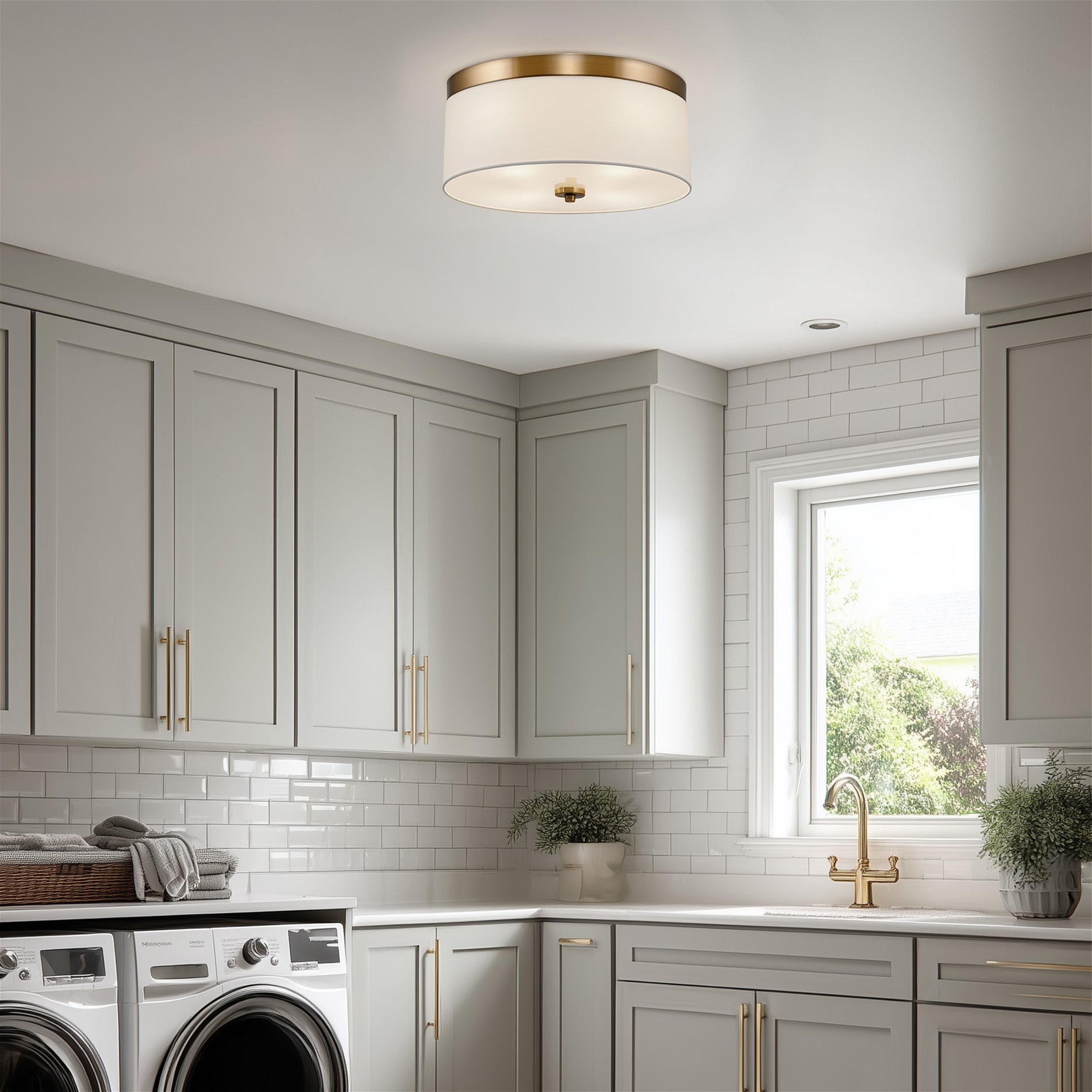 Kira Home Walker 15" Drum Gold Flush Mount Ceiling Light, White Fabric Shade, Frosted Glass Diffuser, Close to Ceiling