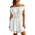 thumbnail image 1 of Fortune Women Off Shoulder Ruffle Romper Solid Color Short Jumpsuits Beach Sundress, 1 of 9
