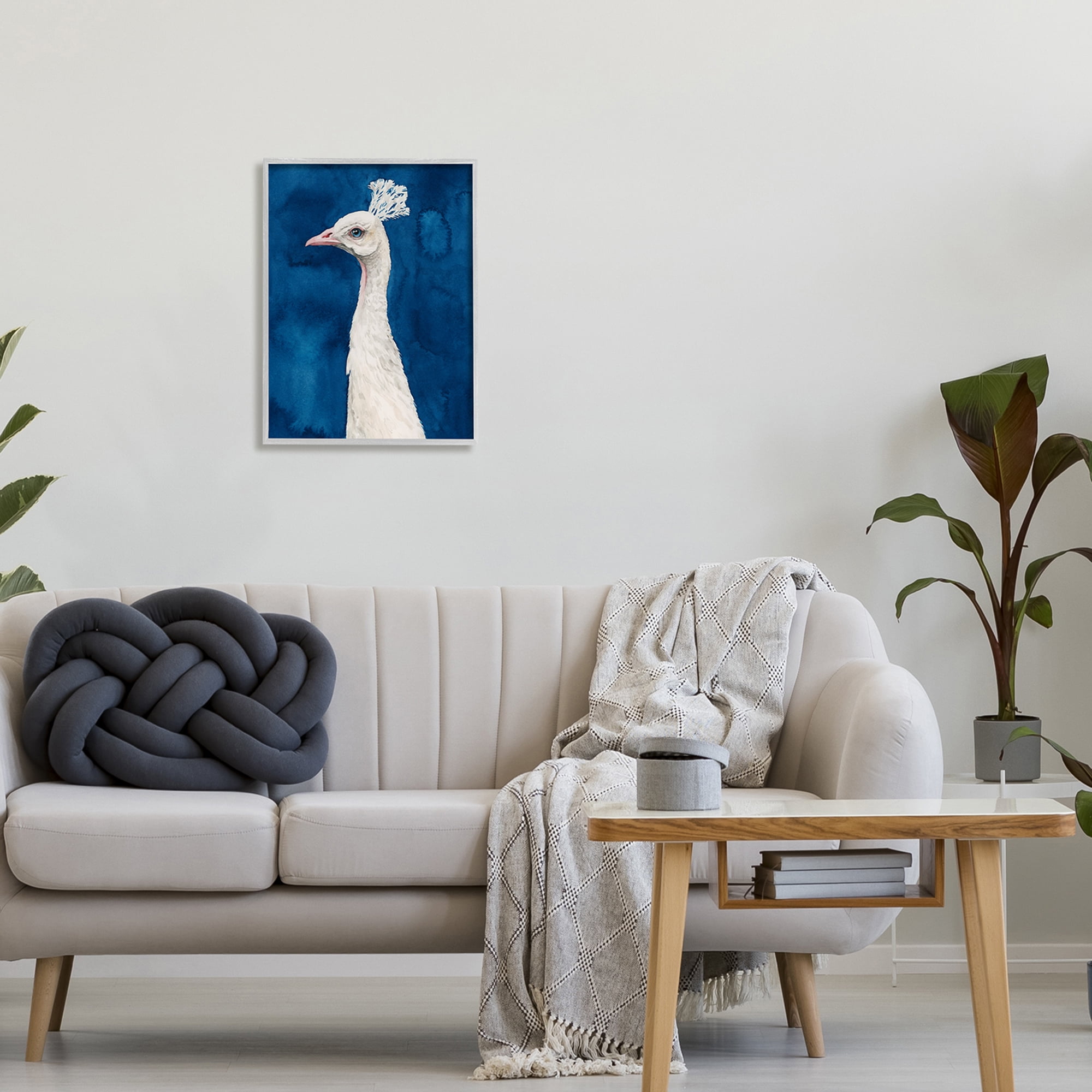 Stupell Industries Gorgeous Royal Blue White Feathers Peacock Portrait Paintings Gray Framed Art Print Wall Art, 16x20, by Grace Popp