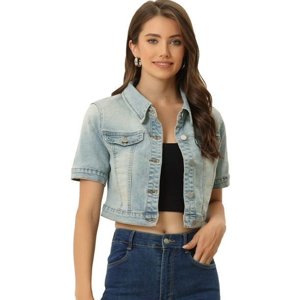 Chaqueta Corta Informal Allegra K Mujer Vaquera Azul gris claro L