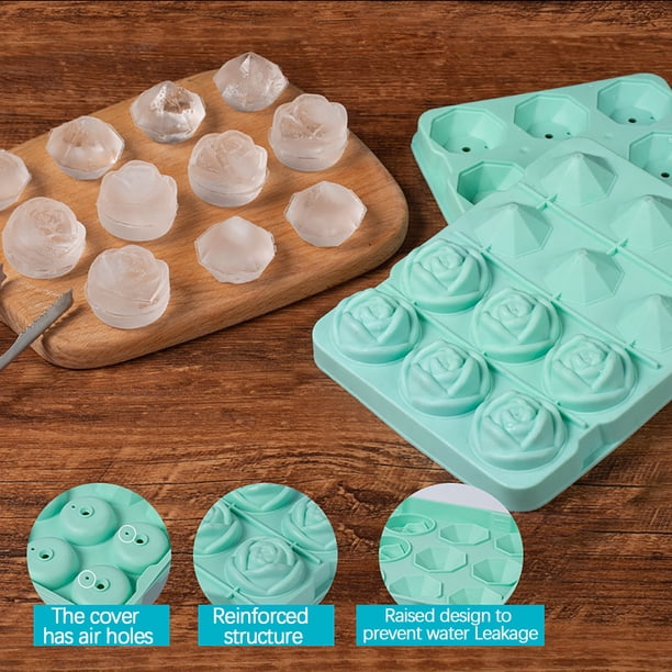 Molde de bolas de hielo para whisky con tapa - bandeja de hielo con gel de sílice de 12 cavidades para hielo esférico, celosía de diamante rosa, bolas de hielo de 3,5 cm